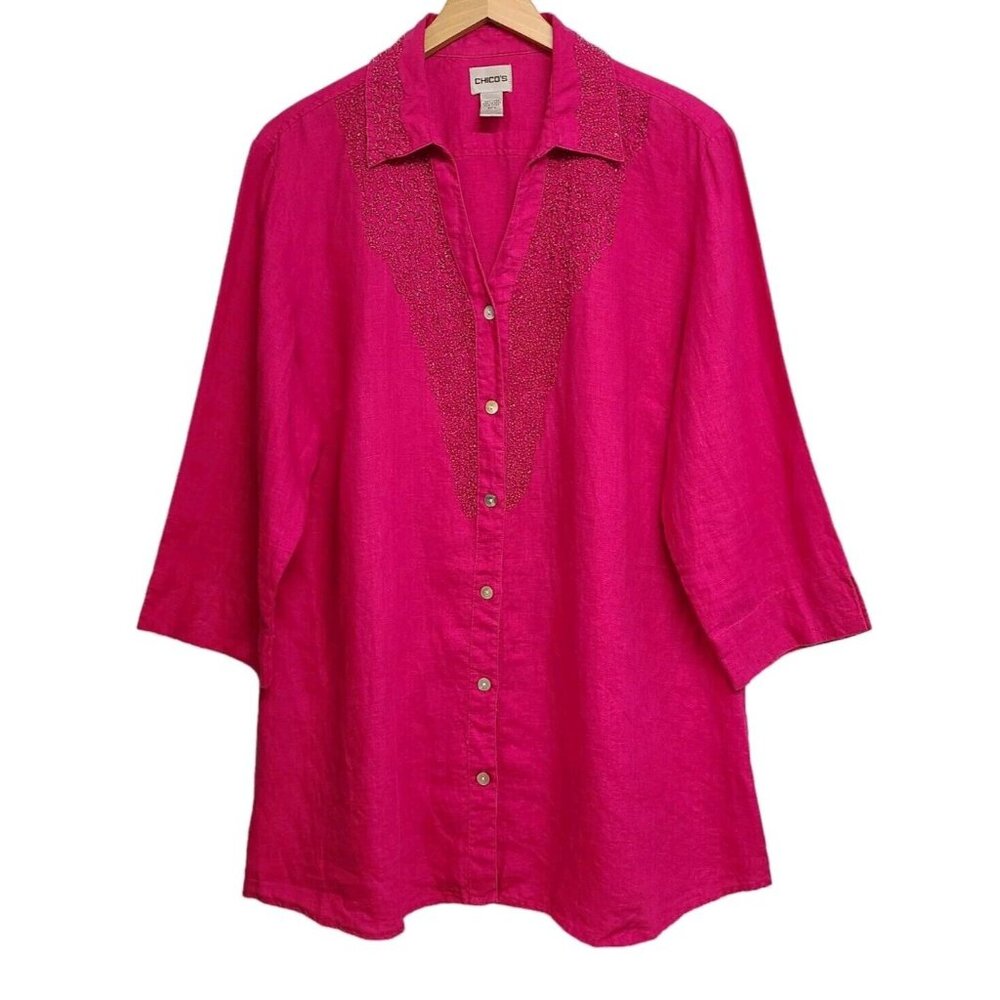 Chicos Linen Tunic Womens 3 Fuchsia Pink Beaded Button Front Lagenlook R…